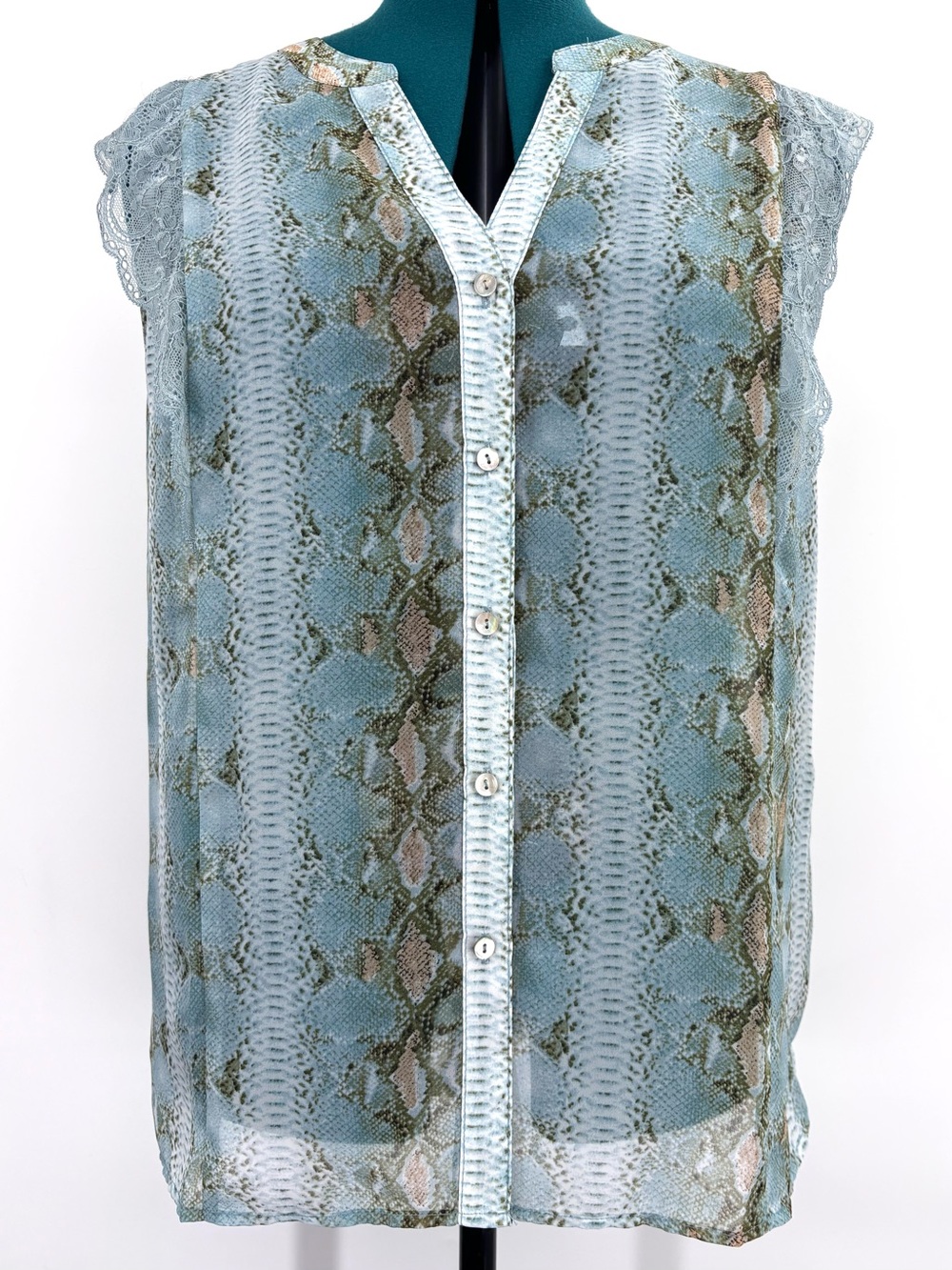 ESQUALO Light Blue Snake-Print Sheer Lace Detail Button Front Blouse, 8